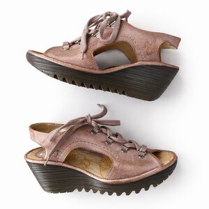 Fly London YIfa Luna rose gold wedge sandals shoes lace boho